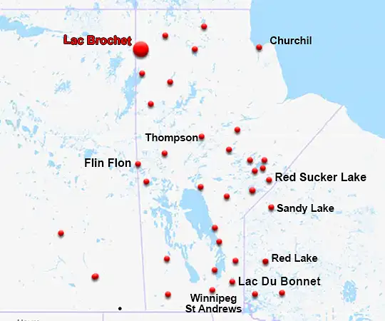 Map showing the location of Lac Brochet in Manitoba